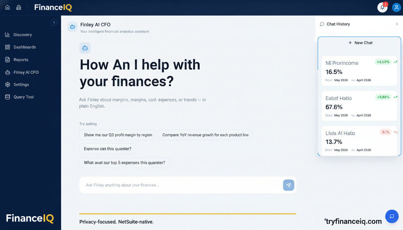 Screenshot of FinanceIQ's Finley AI CFO chat interface, demonstrating natural language financial querying.