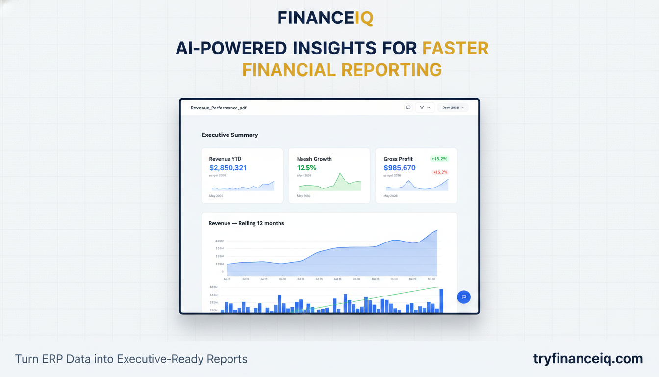 Screenshot of a FinanceIQ 'Revenue Performance' report in PDF preview, displaying executive summary and revenue trends.