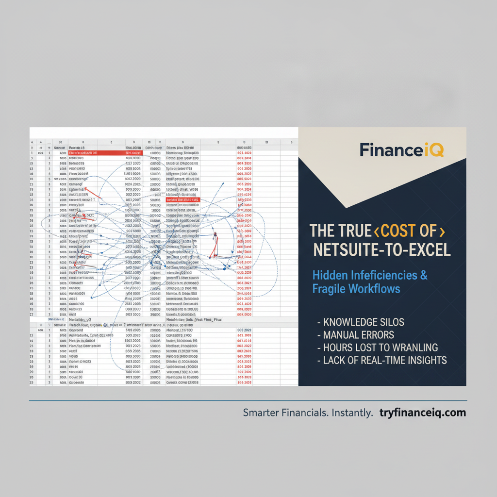 An illustration showing a messy, interconnected spreadsheet with broken formulas and multiple tabs, symbolizing the common issues and hidden costs of manual Excel-based financial reporting workflows.