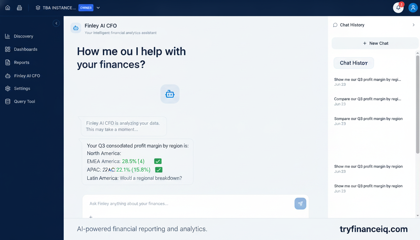 A screenshot of FinanceIQ's Finley AI CFO assistant interface, illustrating how users can ask financial questions in plain language and receive immediate, data-backed insights from their NetSuite numbers.
