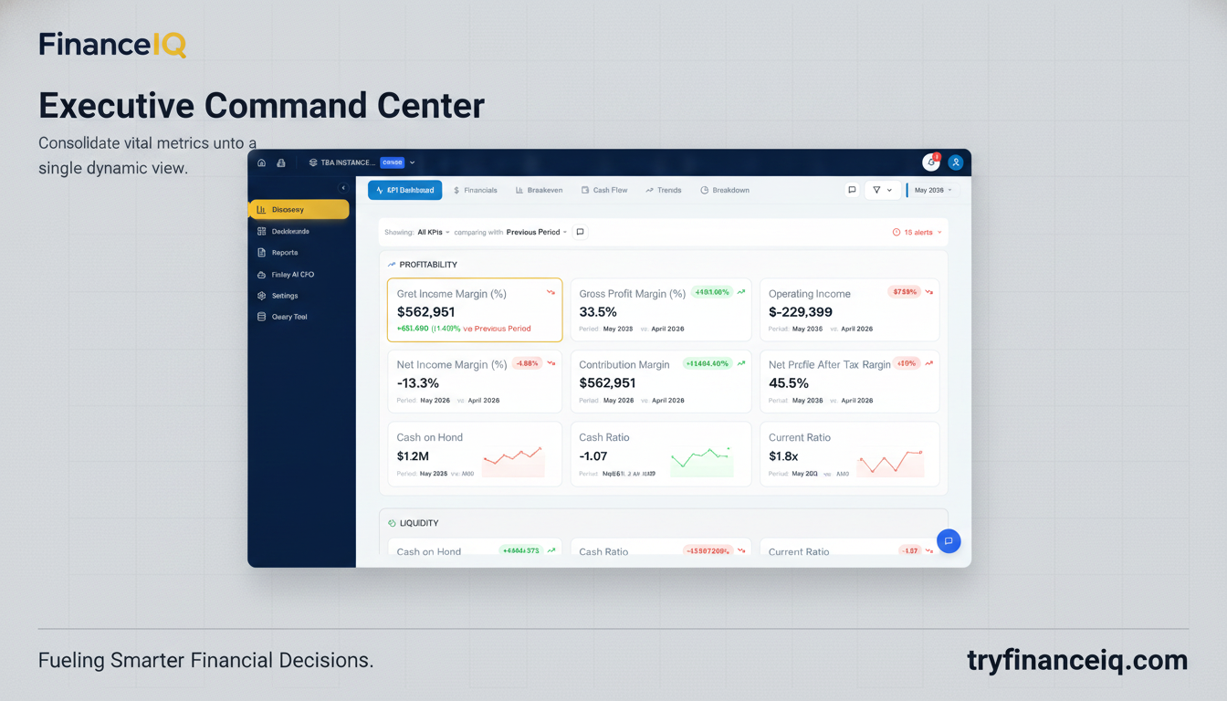 Screenshot of FinanceIQ's KPI Dashboard showing financial performance metrics like Gross Profit and Operating Income percentages with period-over-period comparisons.