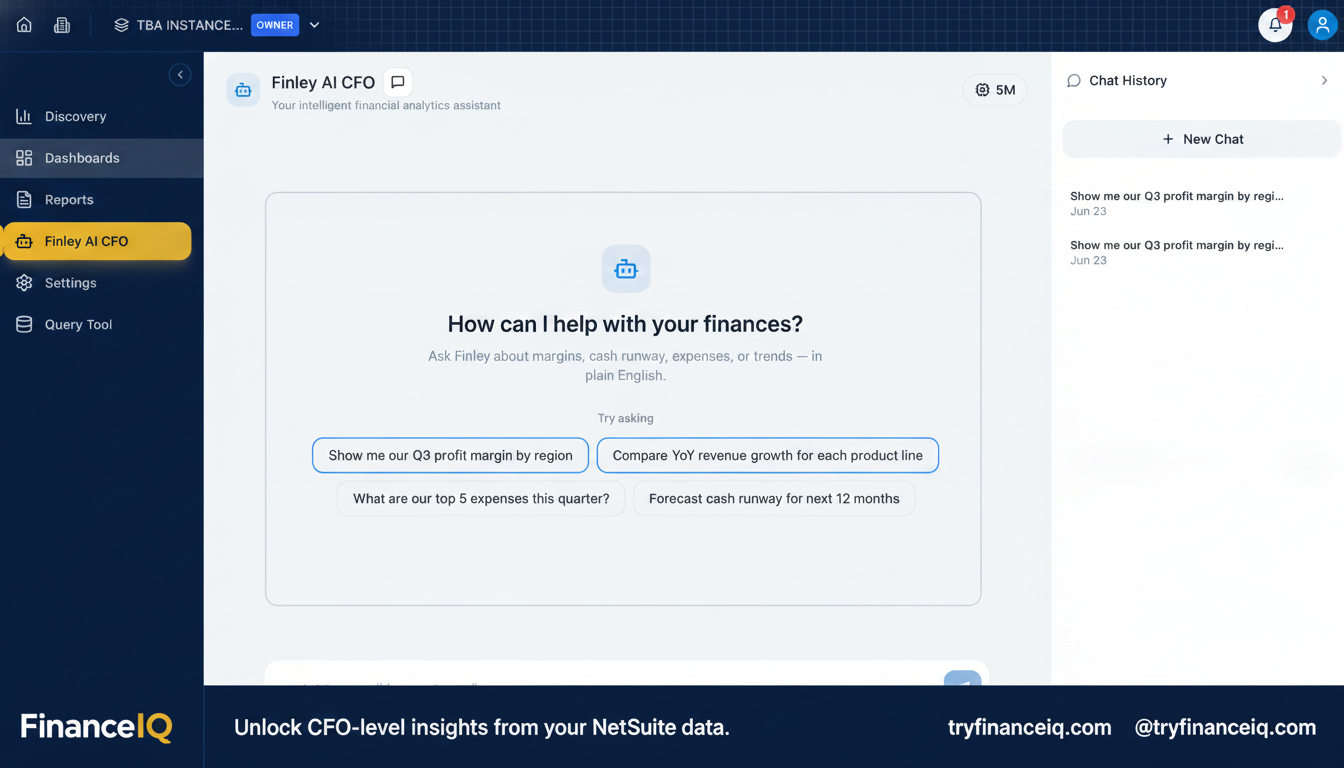 Screenshot of FinanceIQ's Finley AI CFO chat interface, illustrating how users can ask financial questions in natural language to get data-driven insights.