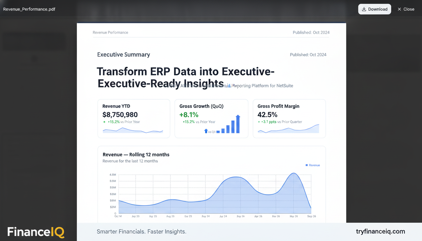 A PDF export preview of a FinanceIQ 'Revenue Performance' report, suitable for executive review and consolidated reporting.